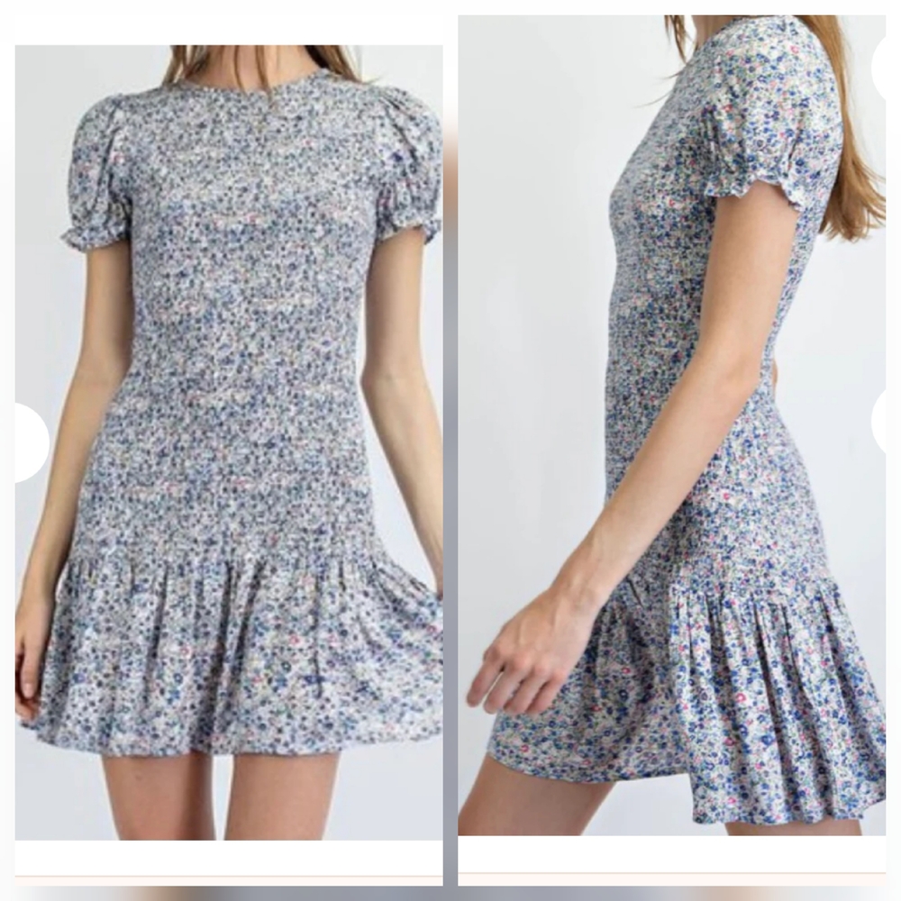 Blue and White Ruffled Tiered Mini Dress with Puff Sleeves
